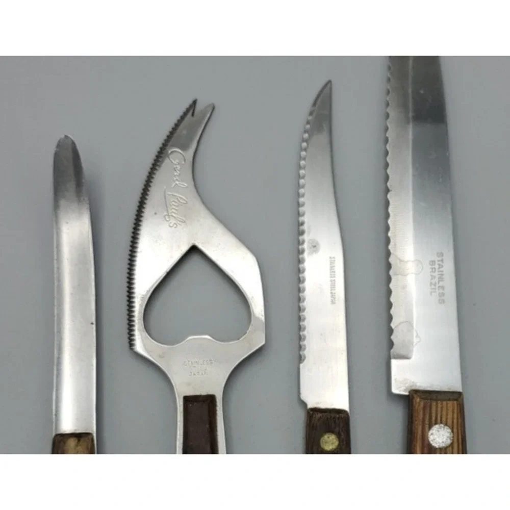 4 Mid-Century Kitchen Knives with Wood Handles Steak Cheese Grapefruit Multi-Use